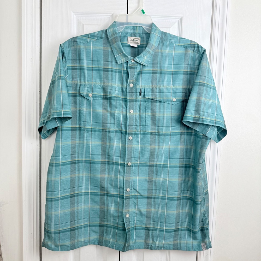 L.L. Bean Plaid Technical Hiking Shirt XL Teal Blue Gorpcore Utility Button Down